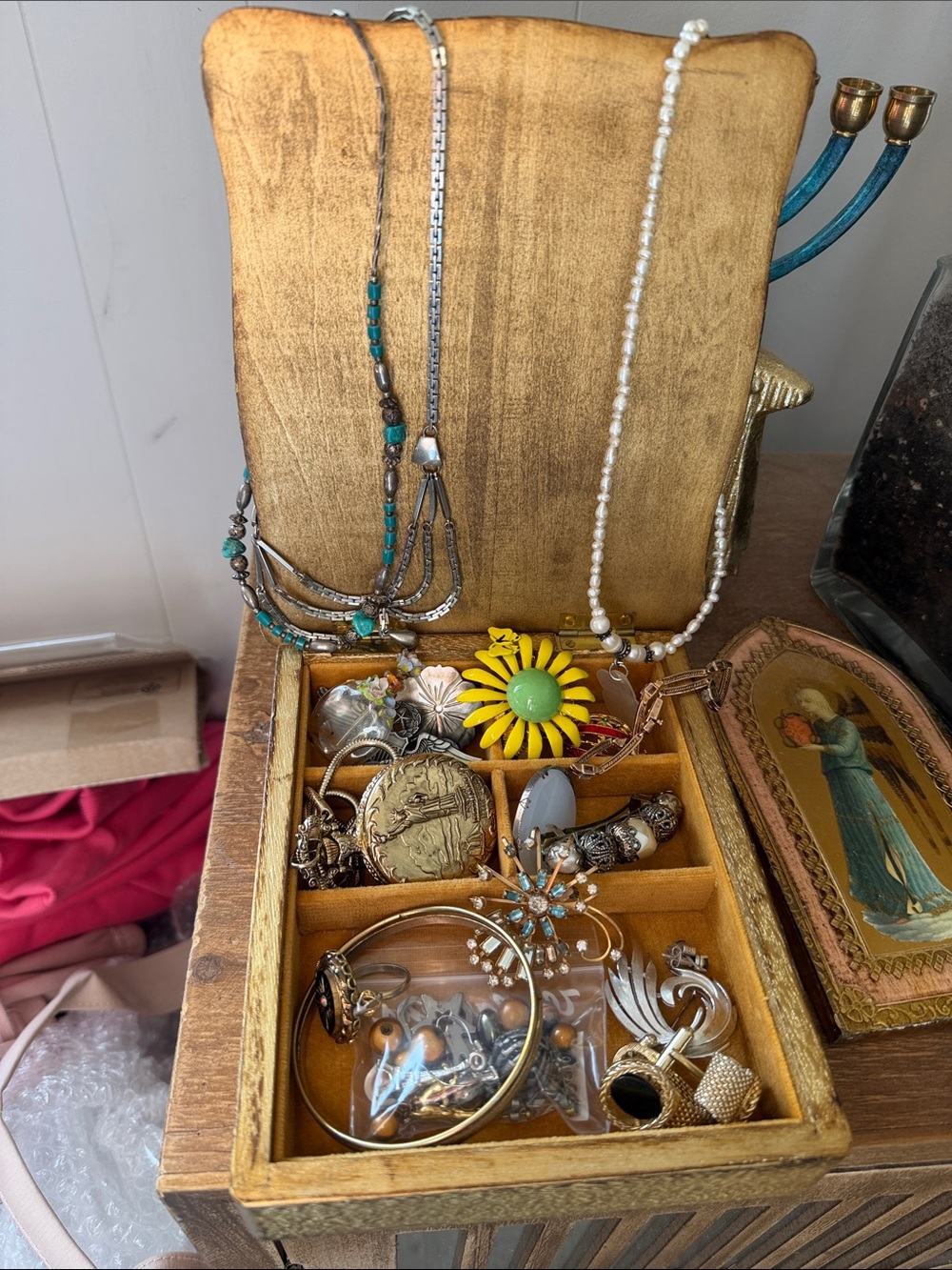 MELE vintage wood jewelry box with as is jewelry- as found